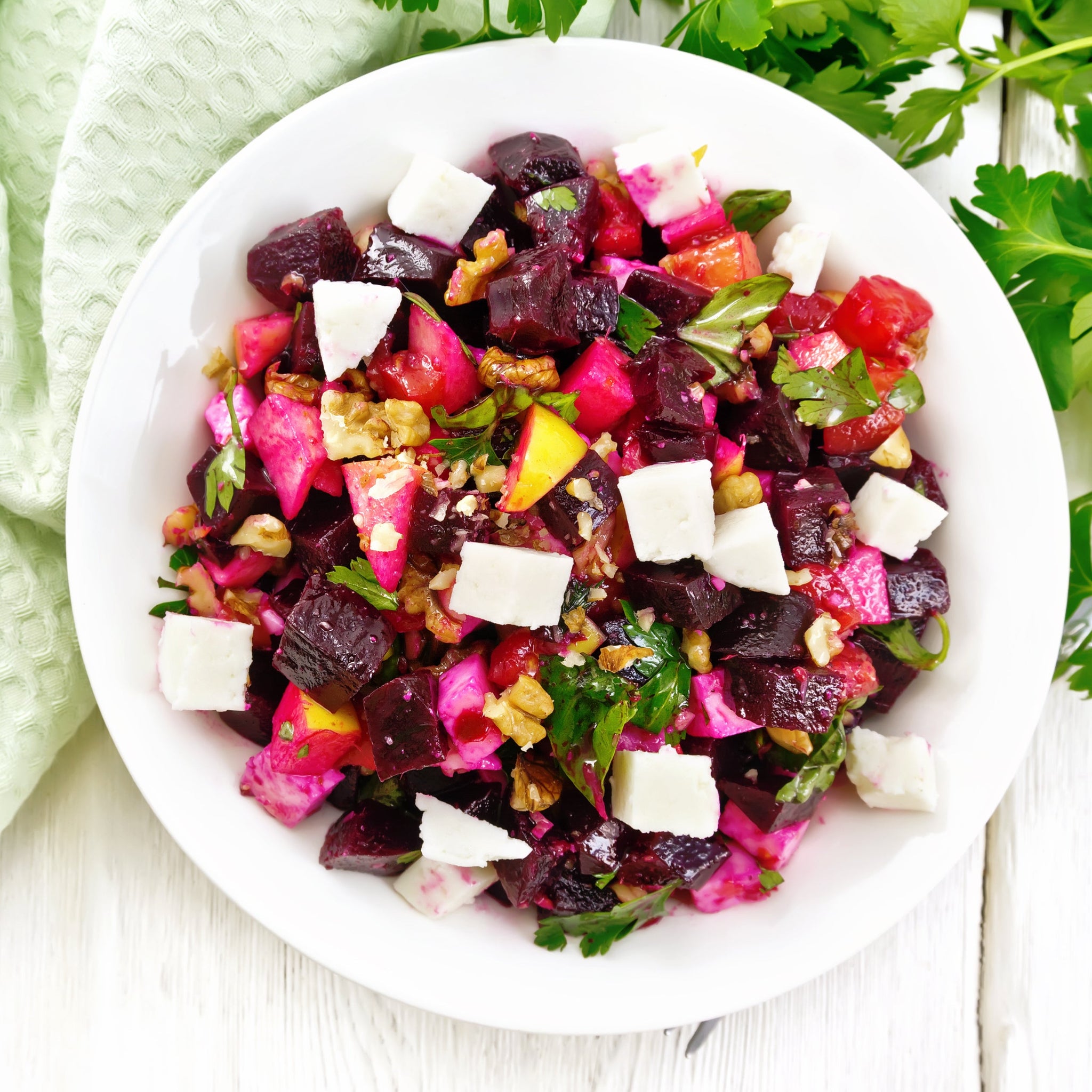 Chopped seasonal salad, roast beetroot & whipped ricotta - Kitchen Farmacy