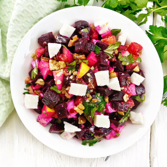 Chopped seasonal salad, roast beetroot, walnuts & whipped ricotta (Serves 8)